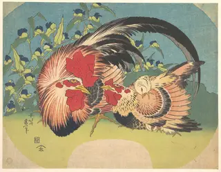 露草に鶏と雛|Rooster, Hen and Chicken with Spiderwort, by Katsushika Hokusai