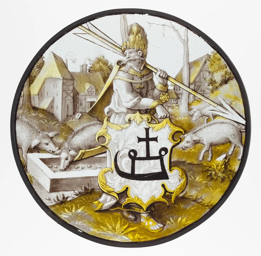 Roundel with Turkish Soldier holding an Arrow and Support, unspecified, 1525