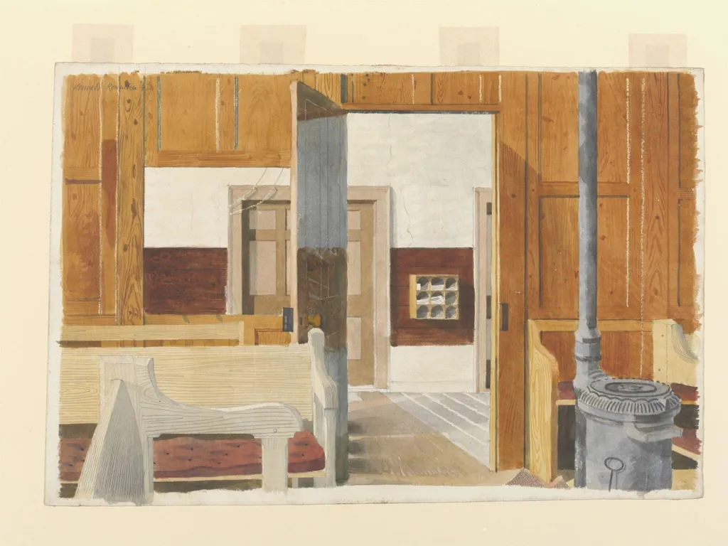 Interior of the Friends Meeting House, Great Bardfield, by Rowntree, watercolor, 1942