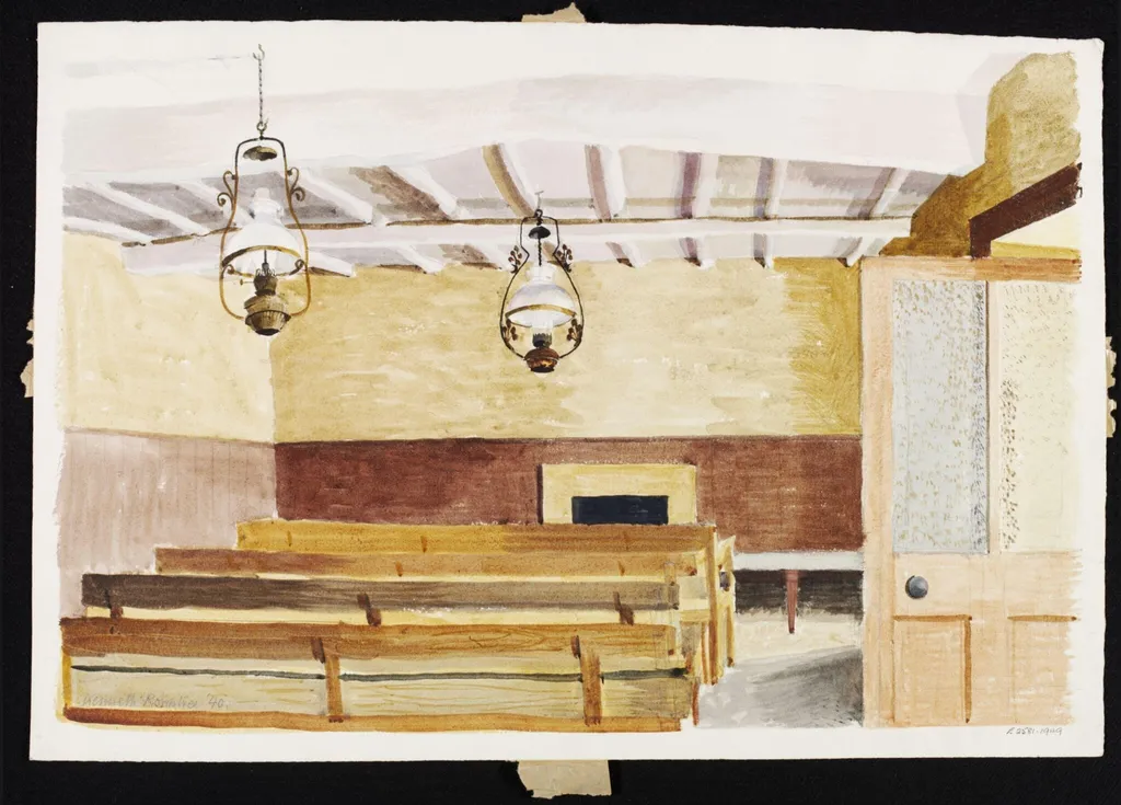 Interior of the Friends' Meeting House, Laskill, Ryedale, by Rowntree, watercolor, 1940
