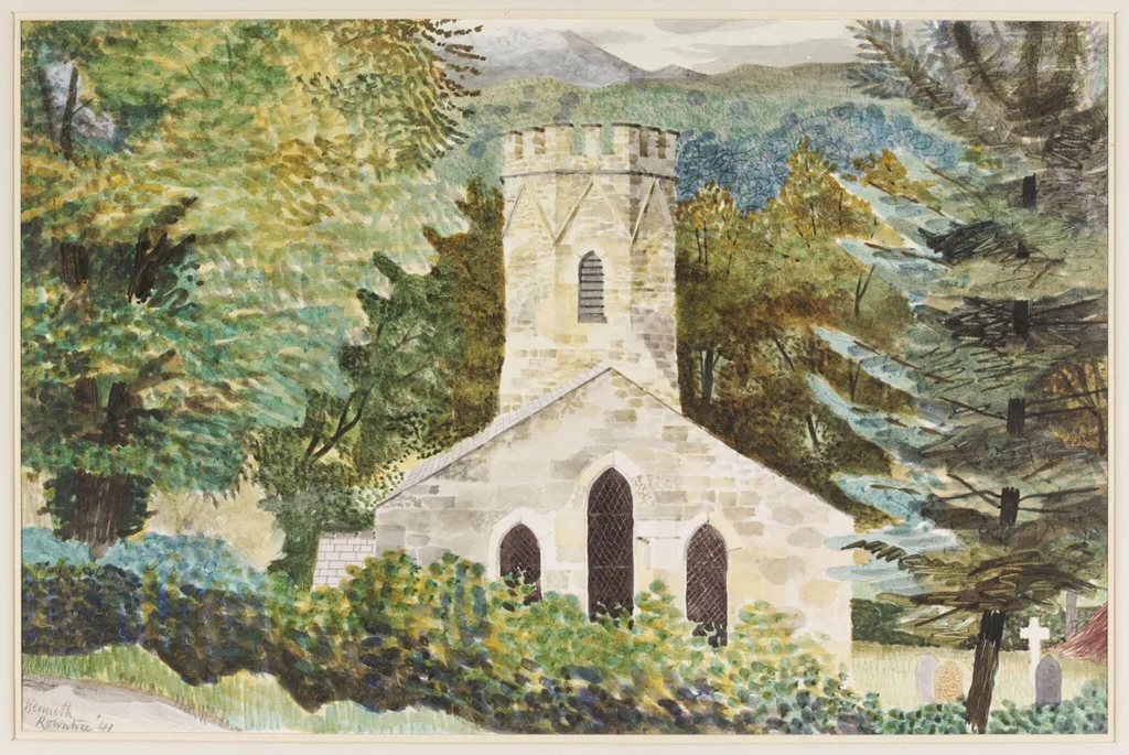 New Church, Llangelynnin, Conway Valley, Caernarvonshire, by Rowntree, watercolor, 1941