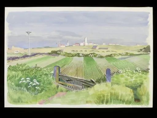 View across the fields of the old and new Lighthouses and signal station, Flamborough, by Rowntree