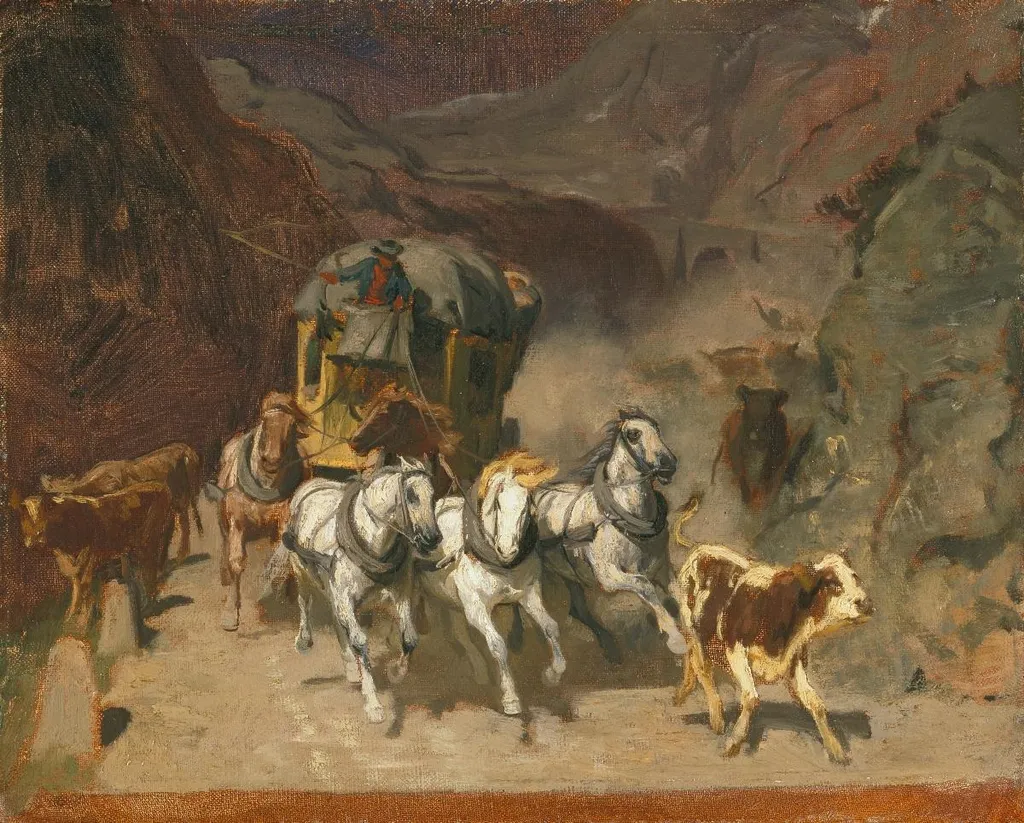 Erste Skizze zu «Die Gotthardpost», by Rudolf Koller, oil, 1873