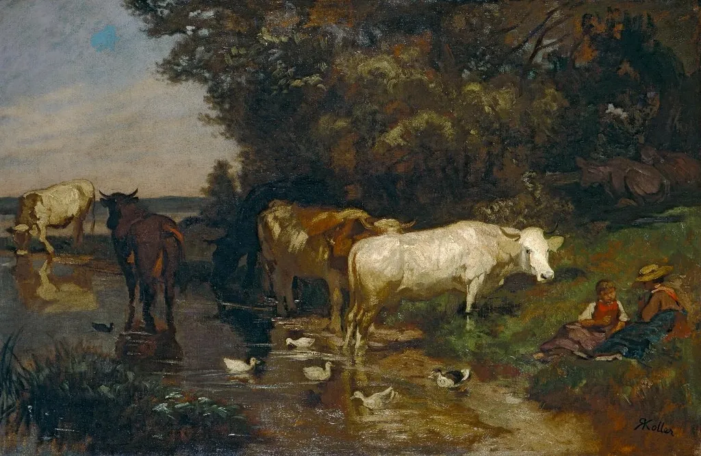 Kühe mit Kindern und Enten am Wasser beim Zürichhorn, by Rudolf Koller, oil, 1888