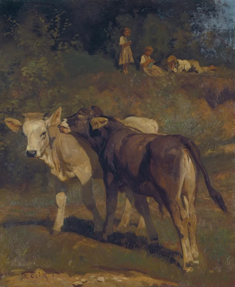 Zwei kosende Kälblein. Studie, by Rudolf Koller, oil, 1865