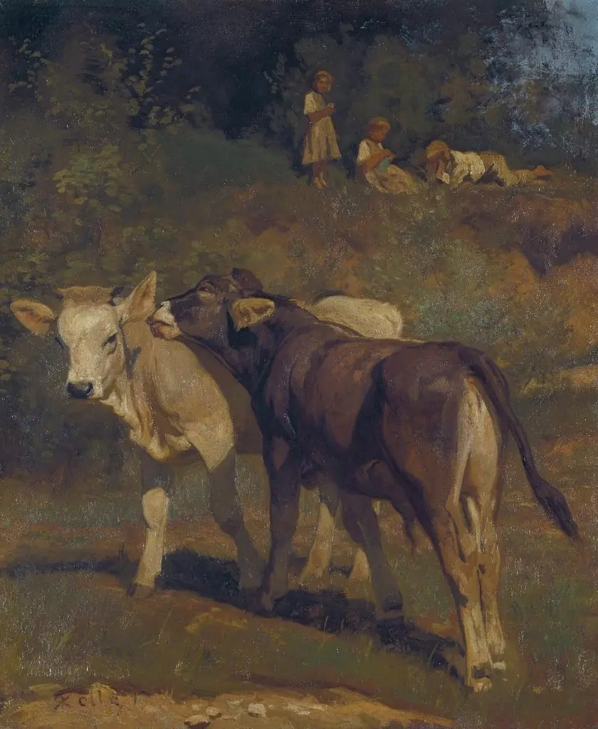 Zwei kosende Kälblein. Studie, by Rudolf Koller