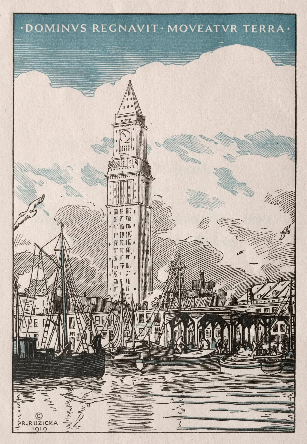 The Custom House Tower from the Waterside, by Rudolph Ruzicka, 1919
