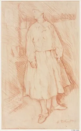 Sketch of a woman standing by a fireplace, by Rutherston