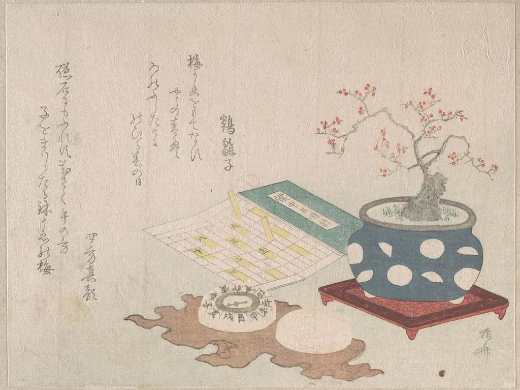鉢梅、懐中日時計、羅針盤|Bonsai Plum, Compass, and Pocket Sundial with Design of Calendar, from Spring Rain Surimono Album (Harusame surimono-jō, vol. 3), by Ryūryūkyo Shinsai, ink, 1806