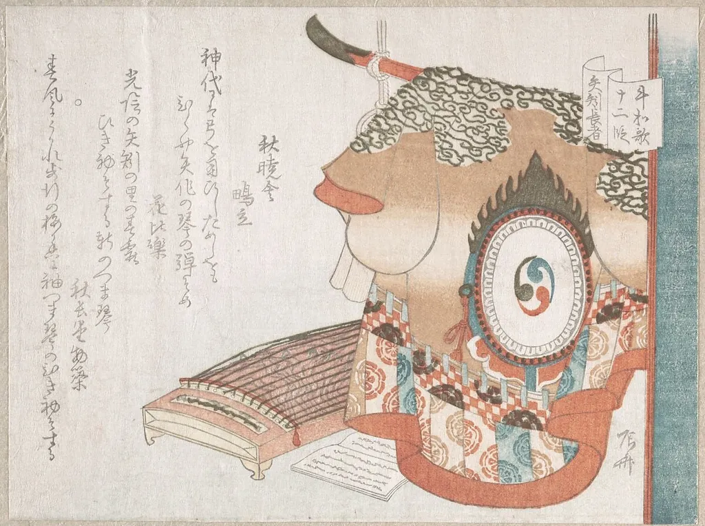 「牛和歌十二段矢矧長者」|Dance Robe and Koto (Zither) Representing the Wealthy Man of Yahagi from the Jōruri Play Ushiwaka (Minamoto no Yoshitsune), by Ryūryūkyo Shinsai, ink, 1810