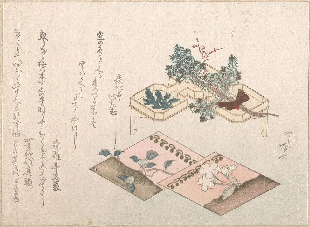 『春雨集』 摺物帖柳々居辰斎画 若松|Spring Rain Collection (Harusame shū), vol. 2: Pine Shoots and Accoutrements for New Year’s Celebrations, by Ryūryūkyo Shinsai, ink