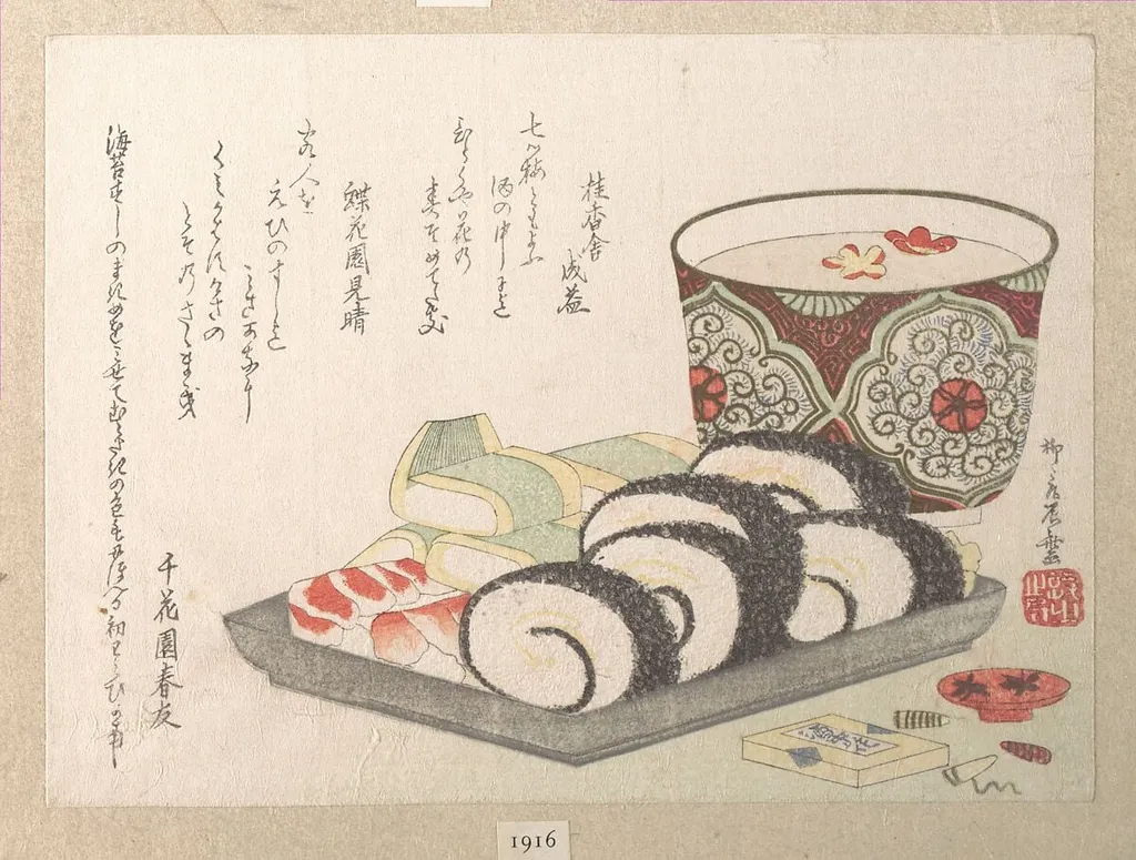 寿司と酒|Sushi and New Year’s Sake, by Ryūryūkyo Shinsai, ink, 1810