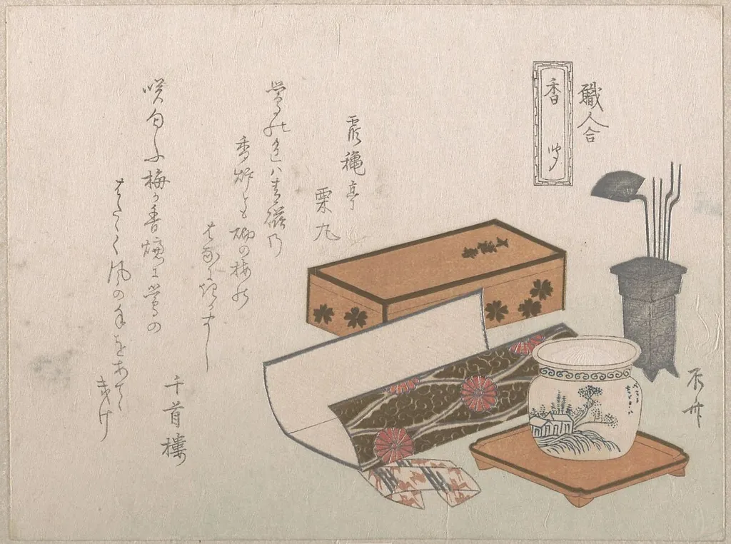 「職人合香聞 」|Utensils for the Incense Ceremony, “Incense Master” (Kōgiki), from the series An Array of Artisans, by Ryūryūkyo Shinsai, ink, 1814