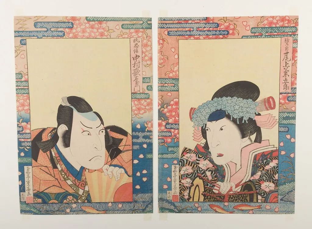 玉柳亭重春画 三代目尾上菊五郎・三代目中村歌右衛門 『義経千本桜』|Kabuki Actors Onoe Kikugorō III as Shizuka Gozen and Nakamura Utaemon III as Kitsune Tadanobu, in the play Yoshitsune senbon zakura (The Thousand Cherry Trees of Yoshitsune), by Ryūsai Shigeharu, ink, 1830