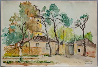 S 38 - Peisaj la Sulina (Stradă cu case și pomi)