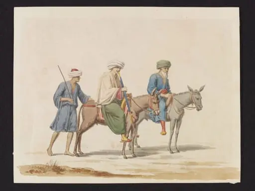 A Shaykh with his Son[?] on Mules, with their Sais [groom], by S. Bossi