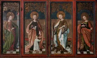 Saint Barbara (panel one), Saint Dorothy (panel two), Saint Catherine (panel three), and Saint Margaret (panel four) (predella of an altarpiece)