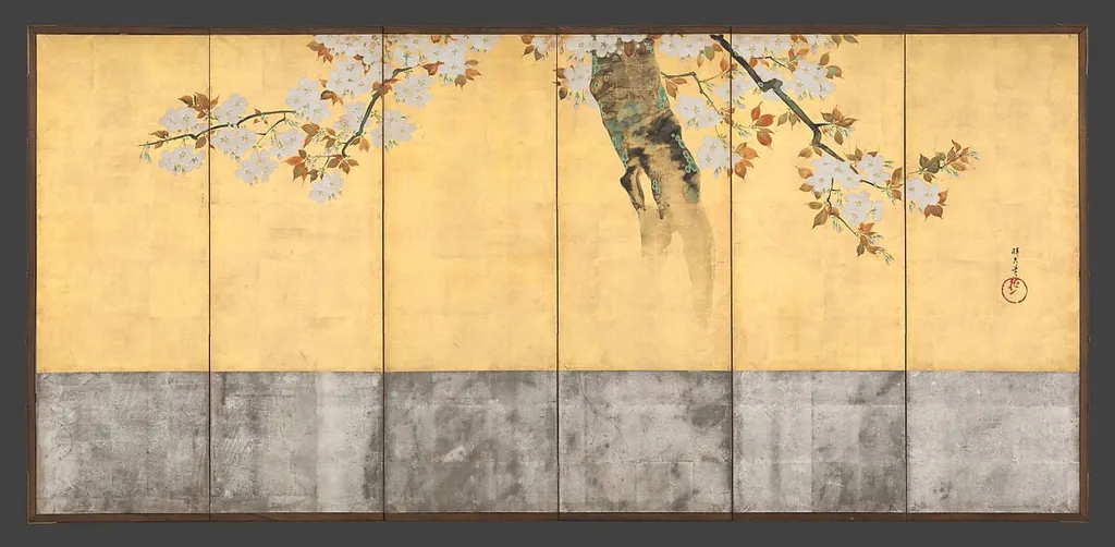 酒井抱一筆 桜図屏風|Blossoming Cherry Trees, by Sakai Hōitsu, ink, 1805