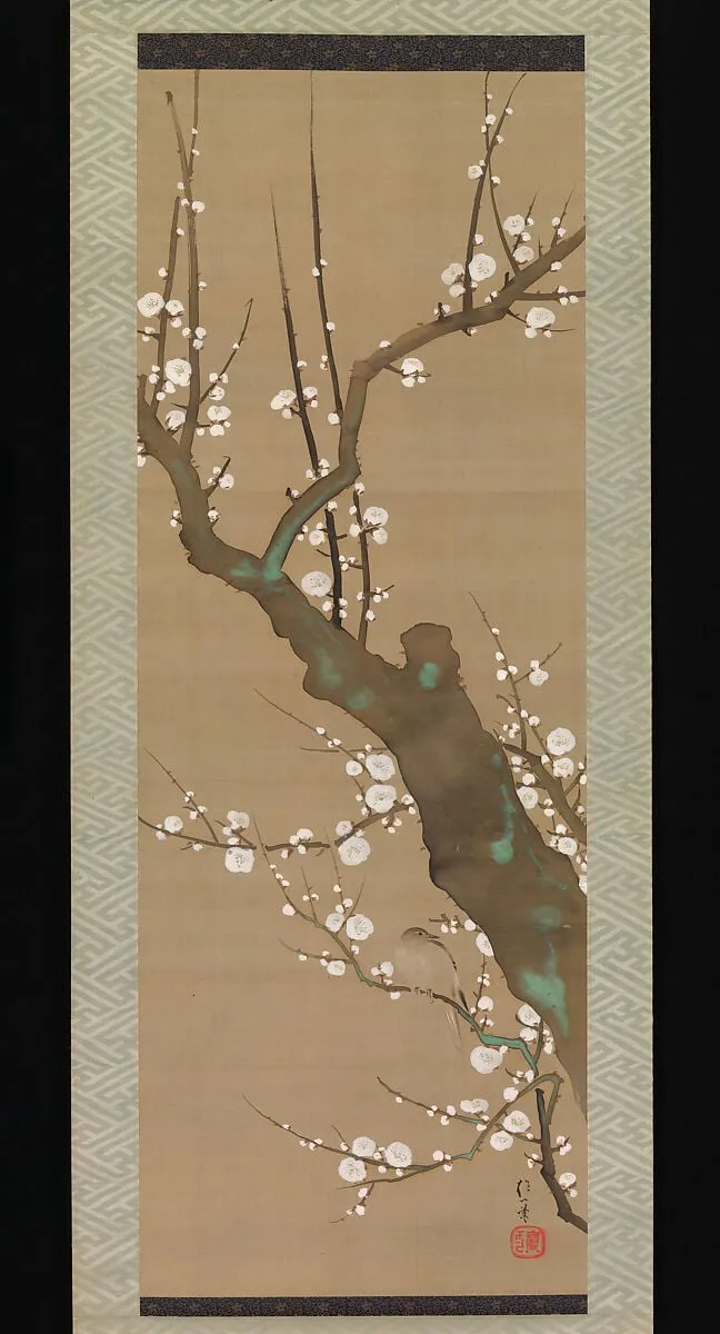 酒井抱一筆 鶯白梅図|Bush Warbler (Uguisu) in a Plum Tree, by Sakai Hōitsu, ink, 1814