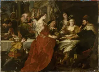 Salome with the head of St. John the Baptist at the banquet (Matthew 14:11; Mark 6:27-28)