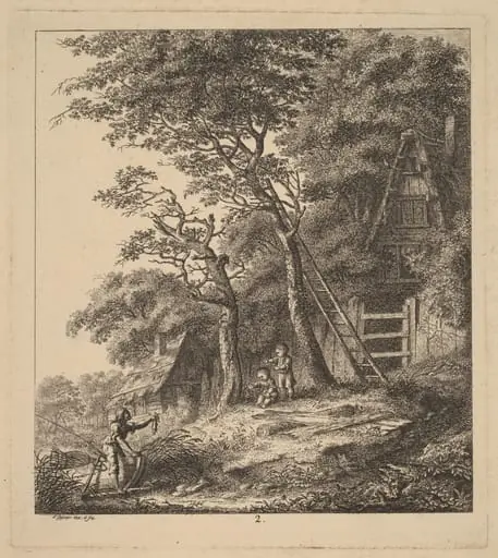A Fisherman and Two Children in a Landscape with Thatched Cottages, by Salomon Gessner