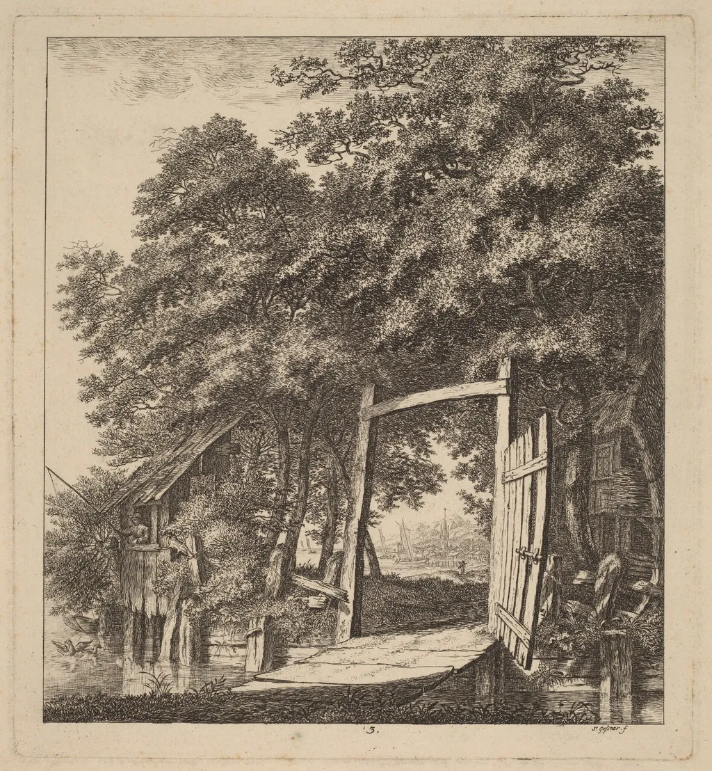A Rustic Gate beside a Lake, by Salomon Gessner, ink, 1764