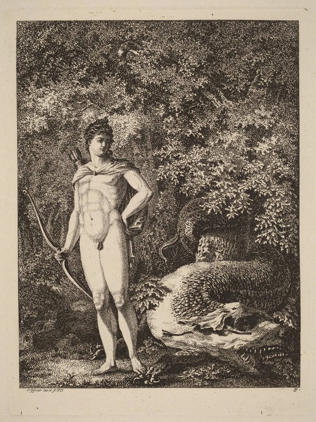 Apollo with a Bow and Dragon, by Salomon Gessner, ink, 1771