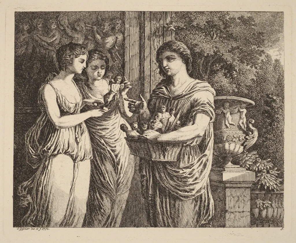 Figurine Seller with Two Girls, by Salomon Gessner, ink, 1770