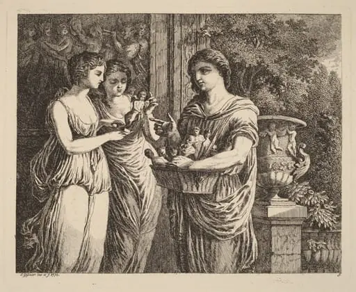 Figurine Seller with Two Girls, by Salomon Gessner