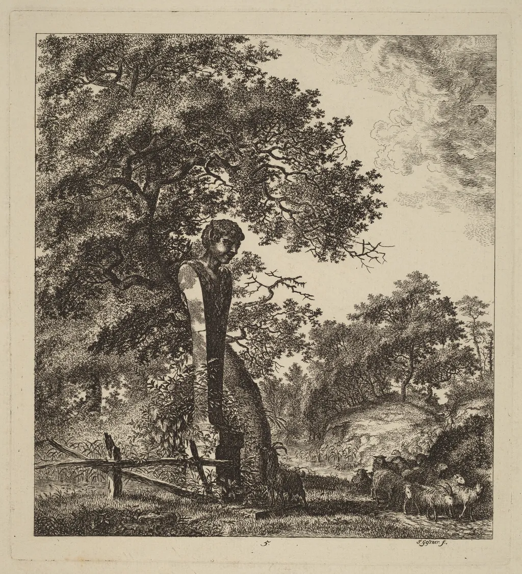 Wooded Landscape with a Herd of Goats and a Herm, by Salomon Gessner, ink, 1764