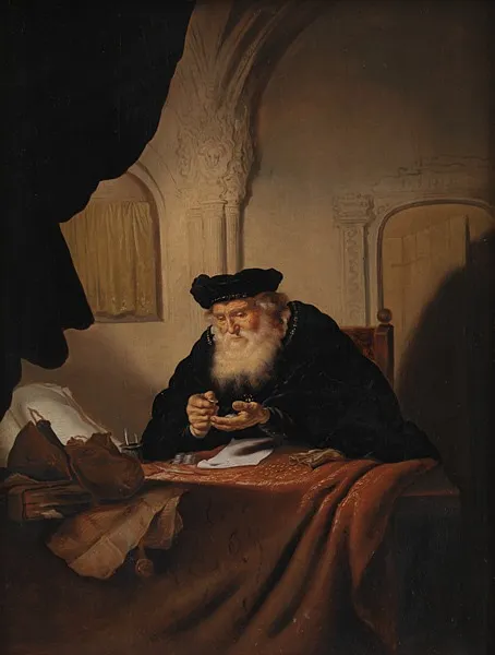 An Old Man Counting his Money, by Salomon Koninck, unspecified, 1635