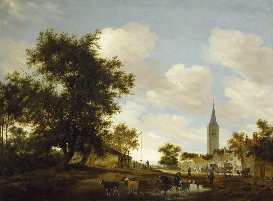 A Draw-well with Cattle before Beverwijck Church, by Salomon van Ruysdael, oil, 1657
