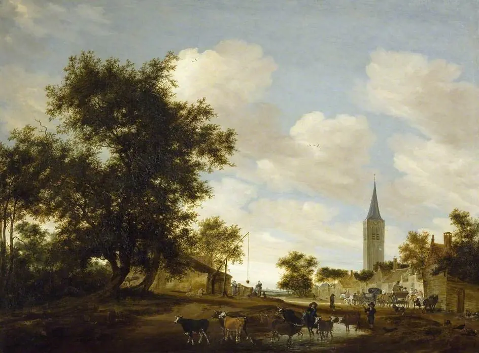 A Draw-well with Cattle before Beverwijck Church, by Salomon van Ruysdael