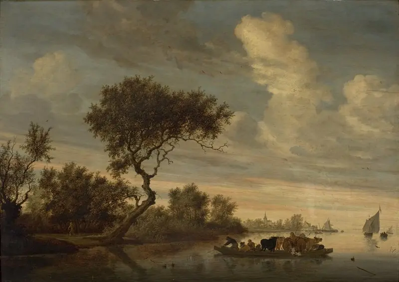 River Landscape with a Ferryboat Transporting Animals, by Salomon van Ruysdael