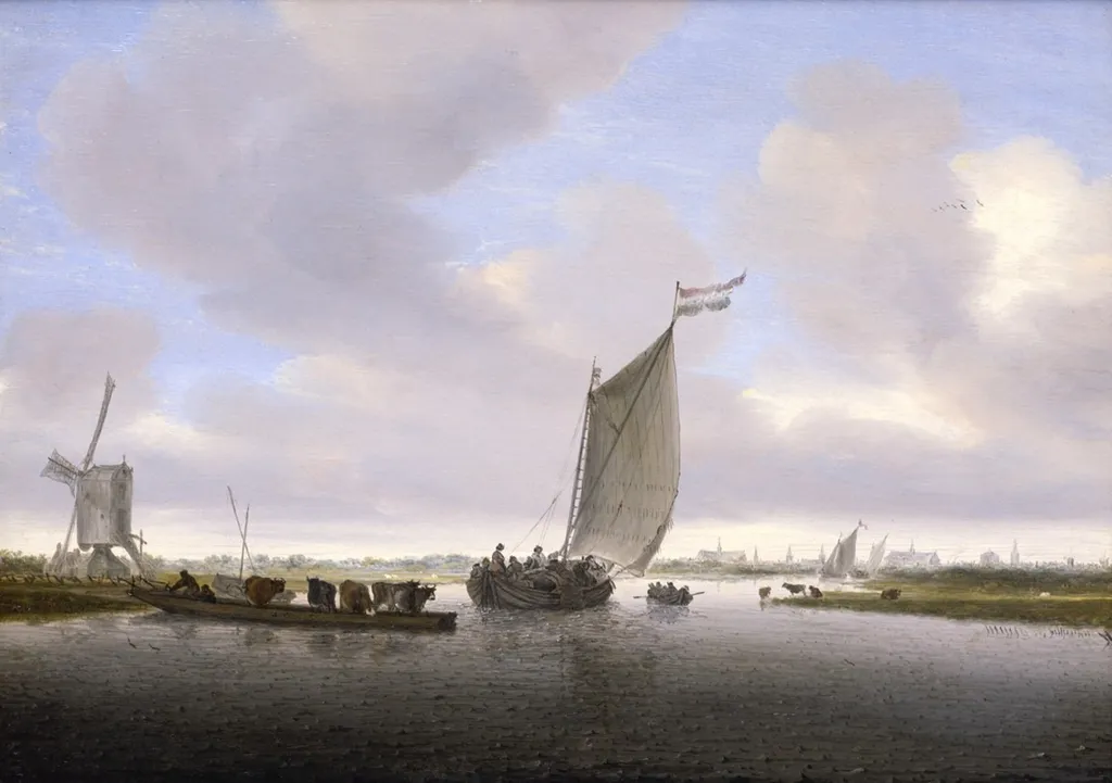River landscape with a sailing boat and a ferry with cattle, the city of Leiden beyond, by Salomon van Ruysdael, oil, 1650
