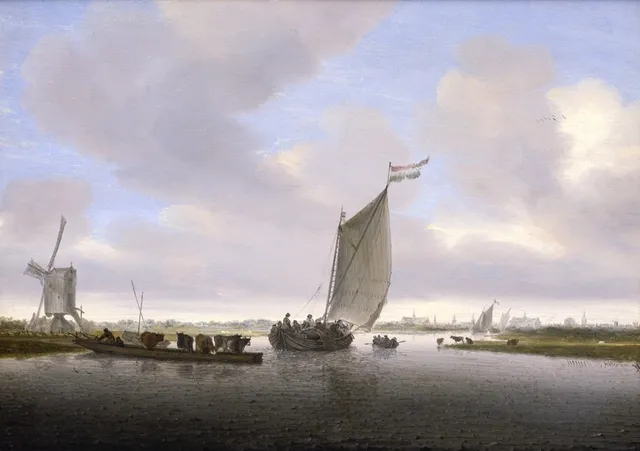 River landscape with a sailing boat and a ferry with cattle, the city of Leiden beyond, by Salomon van Ruysdael
