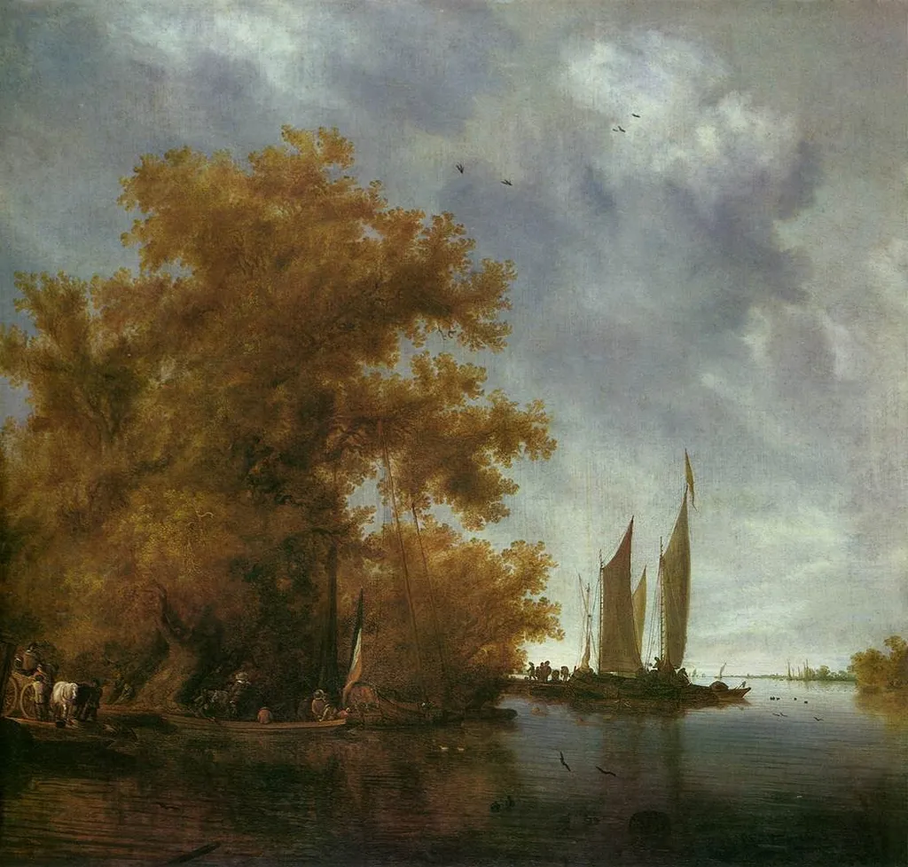 River landscape with boats, by Salomon van Ruysdael, oil, 1640