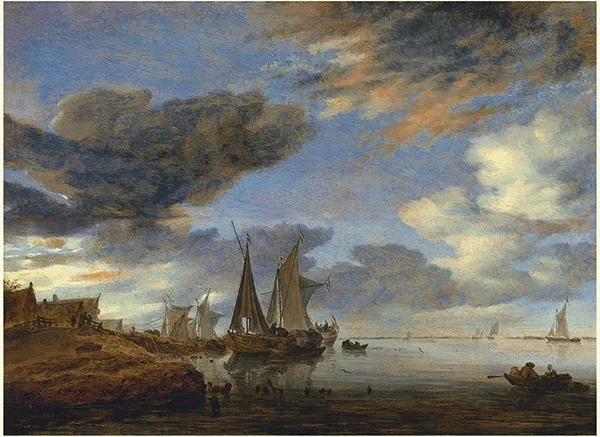 Sailing Ships near a Village, by Salomon van Ruysdael, oil, 1660