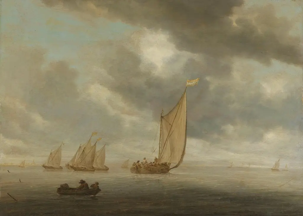 Sailing vessels on a inland body of water, by Salomon van Ruysdael