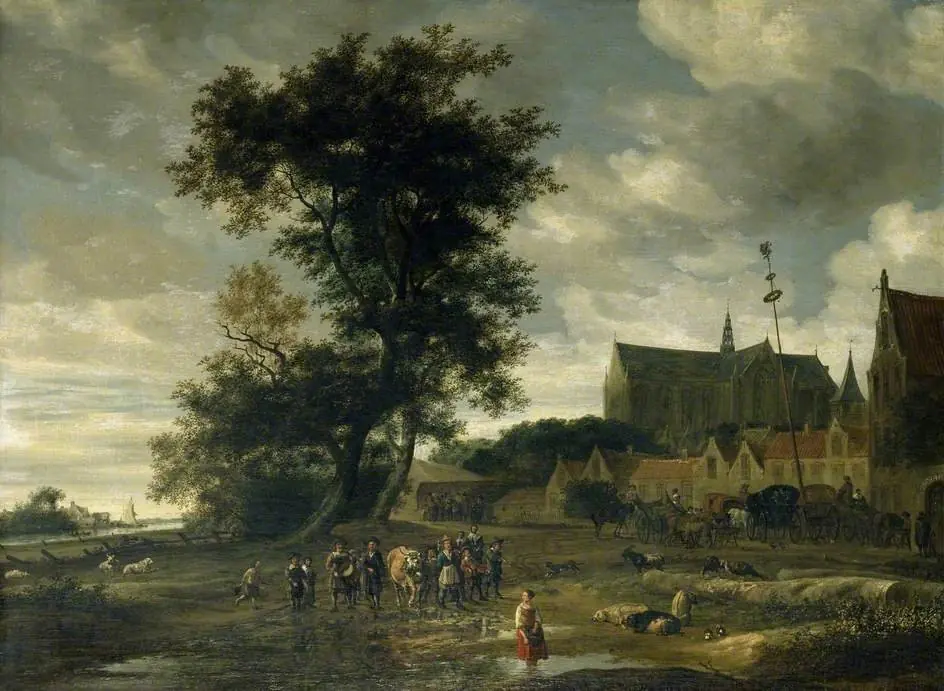 Scene before a Maypole with Alkmaar Church in the Background, by Salomon van Ruysdael