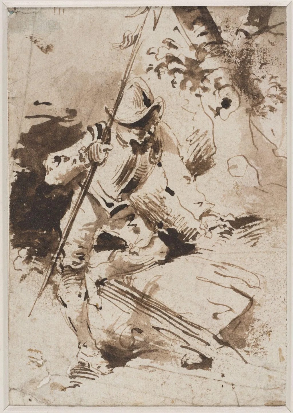 A halberdier resting his left hand and knee on a rock, with a tree in the backgroud, by Salvator Rosa, 1650