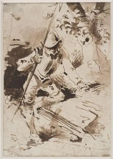 A halberdier resting his left hand and knee on a rock, with a tree in the backgroud, by Salvator Rosa