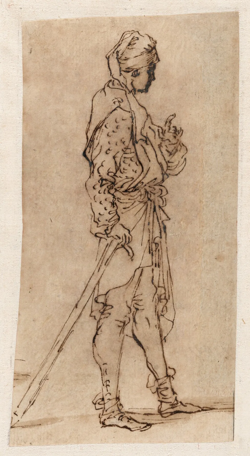 A Standing Man Leaning on a Stick, by Salvator Rosa, ink, 1662