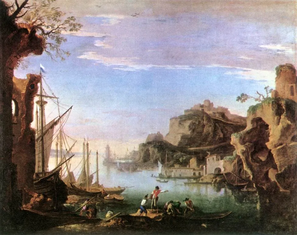 Harbour with Ruins, by Salvator Rosa, oil, 1640