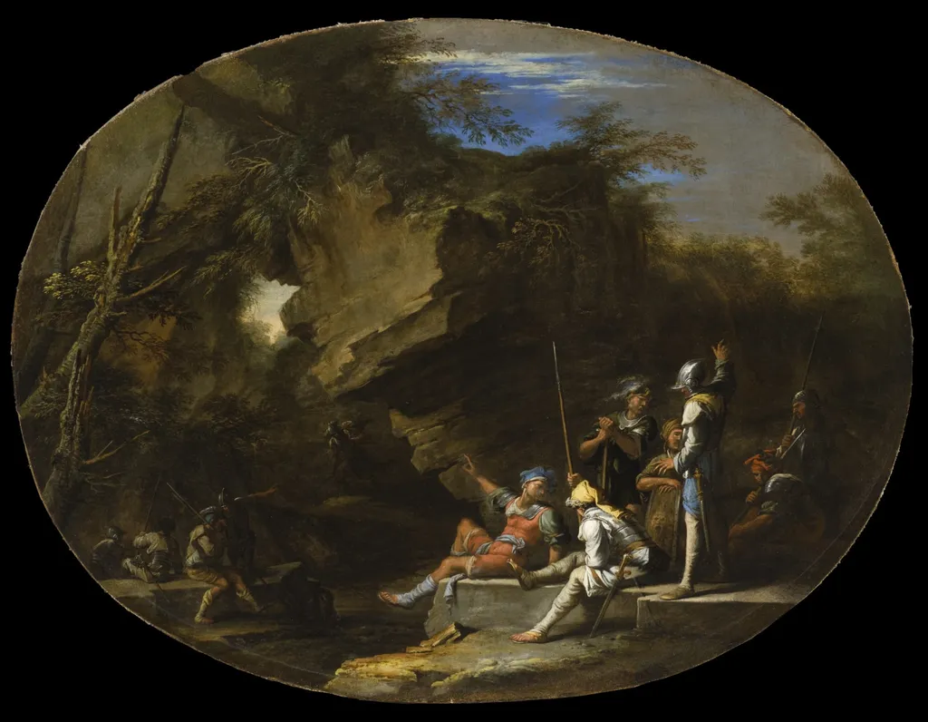 Landscape with Armed Men, by Salvator Rosa, unspecified, 1640