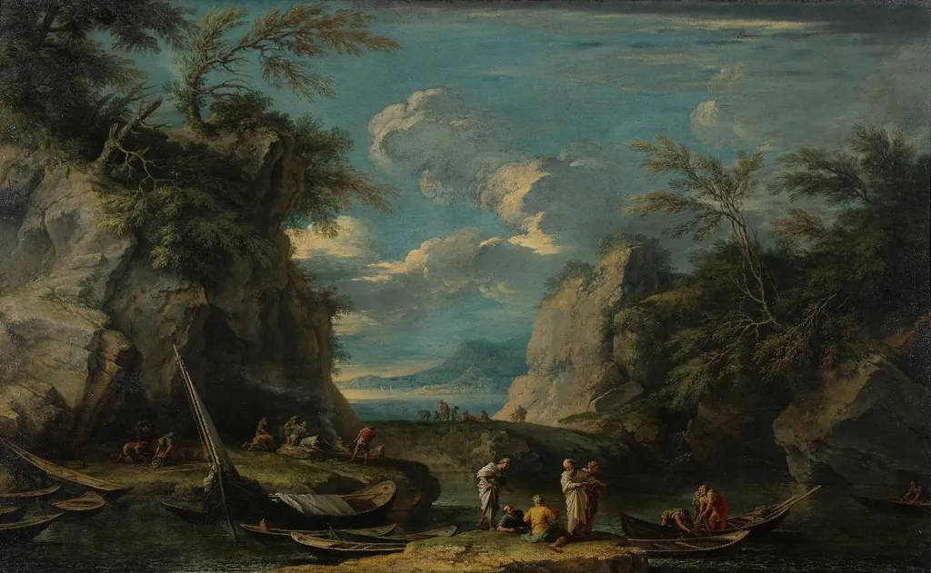 Paesaggio con Pitagora e pescatori, by Salvator Rosa, oil, 1662