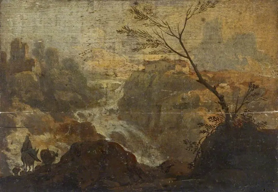 Rocky Landscape with a Waterfall, by Salvator Rosa