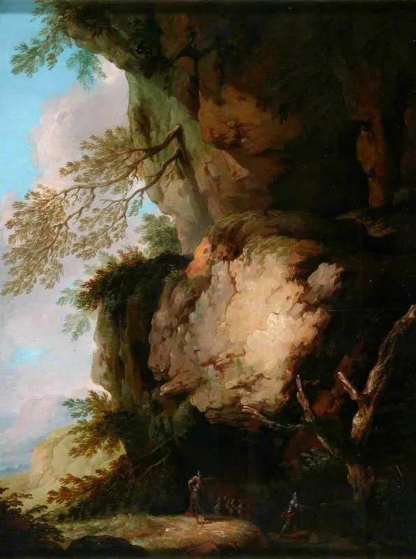 Rocky Landscape with Soldiers, by Salvator Rosa, oil, 1654