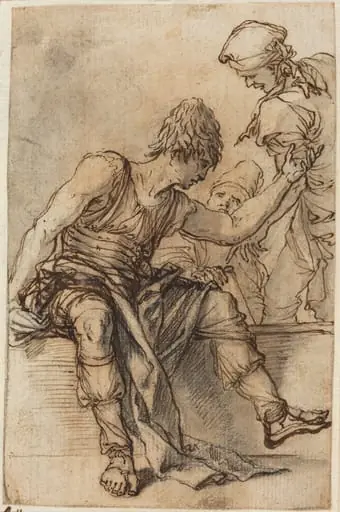 Youth Sitting on a Wall in Conversation with Two Men, by Salvator Rosa