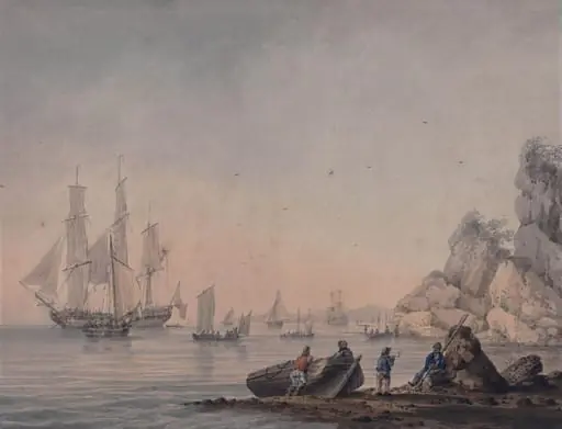 Marine View, with boats and figures on shore, by Samuel Atkins